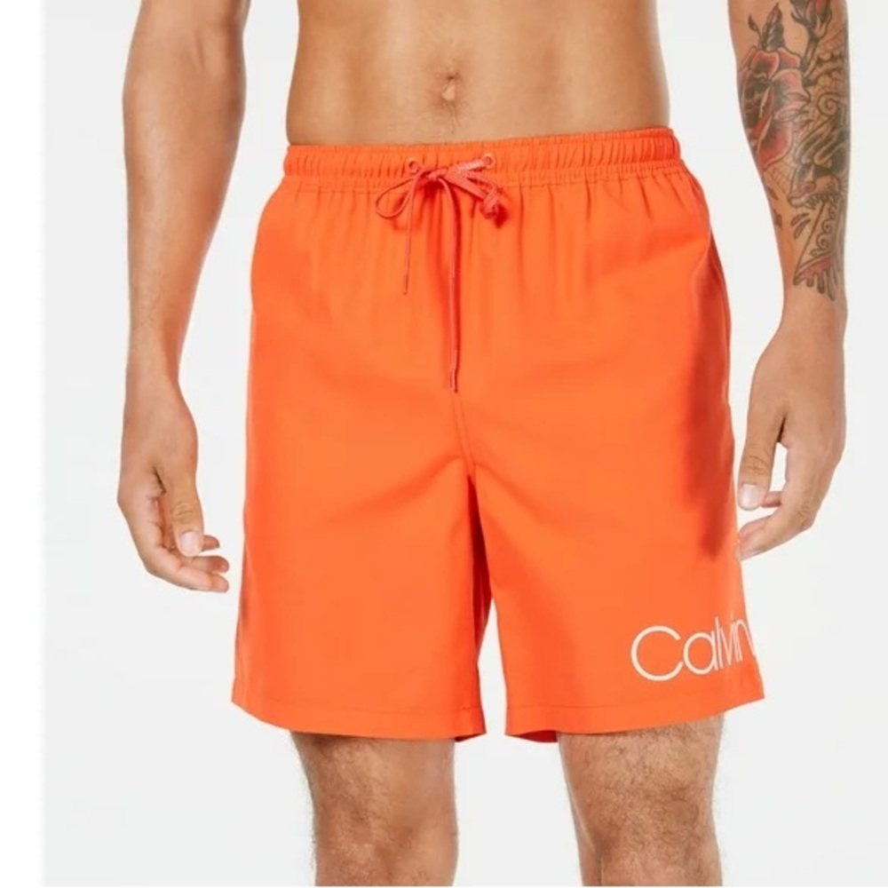 CALVIN KLEIN Mens Orange Lined Logo Graphic Classic Fit Mesh Swim Trunks